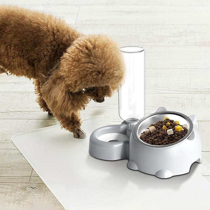 Cat Food and Water Bowl Set, Automatic Dog Dish Bowl with Water Dispenser, Removable Drinking and Eating Bowls, No-Spill Pet Feeder for Puppy, Medium Dogs & Cats (Grey)