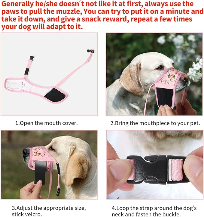 HEELE Dog Muzzle,Soft Nylon Muzzle Anti Biting Barking Chewing,Air Mesh Breathable Drinkable Adjustable Loop Pets Muzzle for Small Medium Large Dogs 4 Colors 4 Sizes (P-Pink Flower, M)
