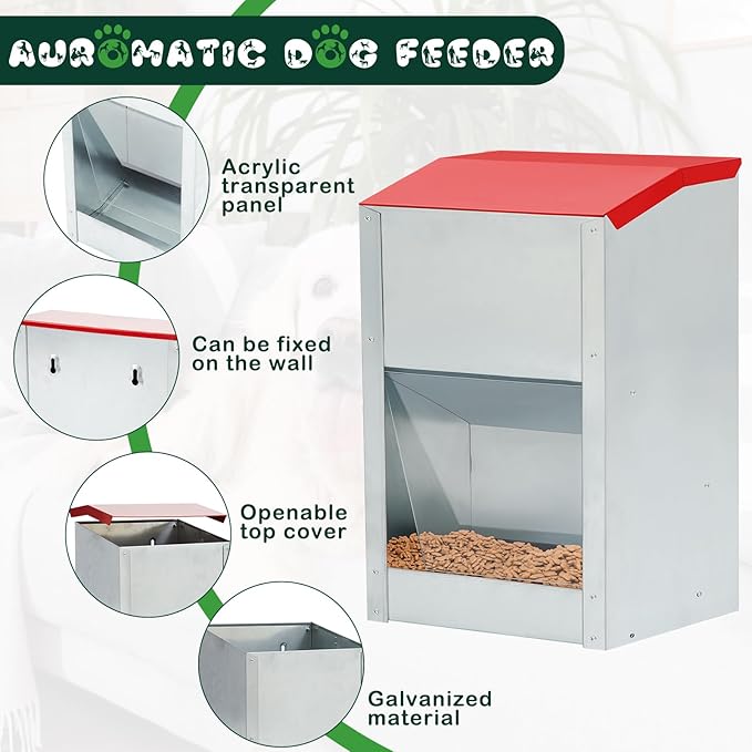 2 Pcs 25 Lbs Large Automatic Dog Feeders with Handle Acrylic Panel Galvanized Gravity Feeder Outdoor Hanging for Doggie Breed Dog Food Dispenser Container(Red)