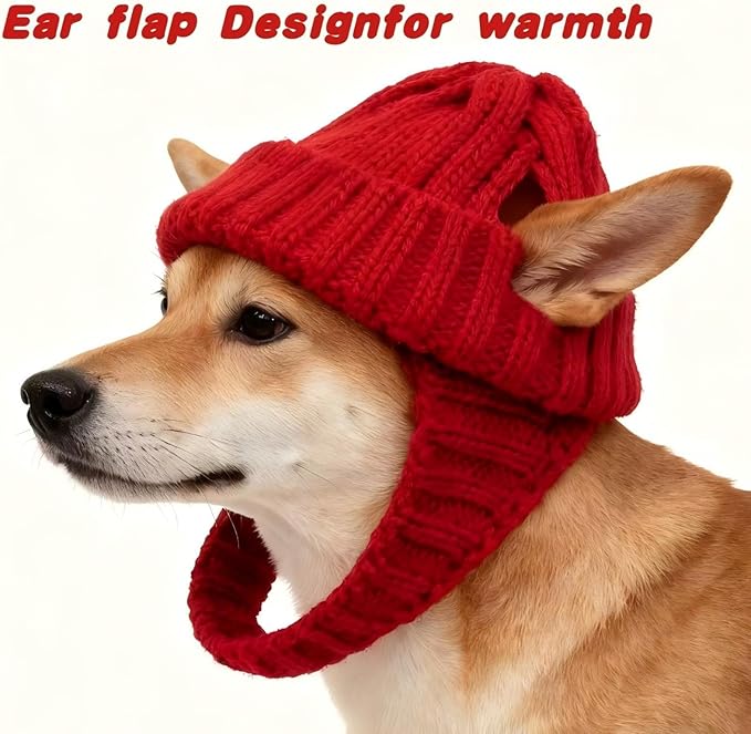 Red Wool Knit Dog Beanie with Ear Flaps, Warm and Windproof Red Knitted Dog Hat forAutumn and Winter,Suitable for Keeping Small Pets Warm