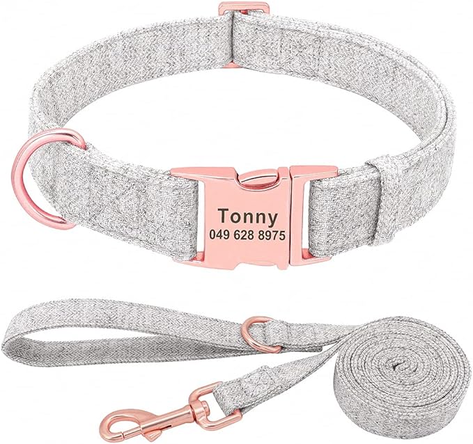 Fashion Personalized Dog Collar Custom Nylon Dog Collars Engraved Name ID Adjustable for Small Medium Large Dog Chihuahua Grey Collar Leash M
