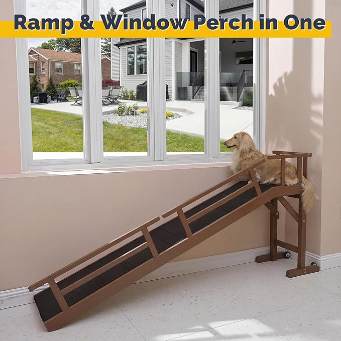 Dog Ramp for Bed or Couch, Wooden Pet Ramp with 20° Gentle Slope, Removable Side Rails, Non-Slip Surface, Top Platform & Wheels, Safe Bed Ramp for Small, Medium & Senior Dogs, 74" Long, Walnut