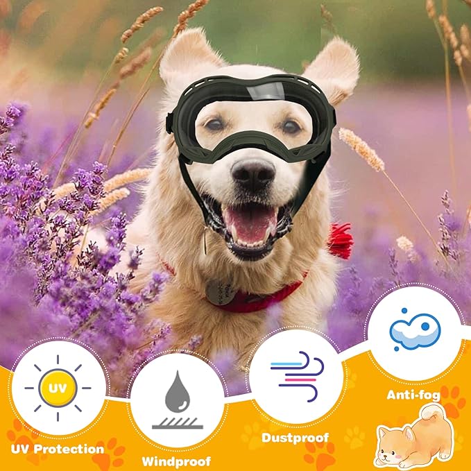 Dog Goggles for Large Dogs, UV Protection Dog Sunglasses, Adjustable Strap, Windproof、Dustproof、Anti-Fog Eye Protection Sunglasses for Large and Medium Dogs (Olive Green Frame)