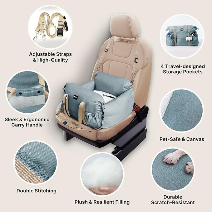 Small Dog Car Seat with Safety Leash - Up to 25lbs, Waterproof Travel Bed with Detachable Cover and Pockets - Easy Installation - Blue