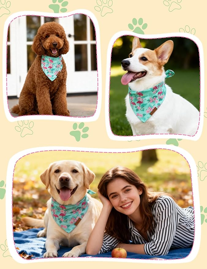 Dog Birthday Bandana, Luxury Handmade Double-Layer Pet Bandana for Small Medium Large Dogs, Silk-Soft Polyester Neck Gaiter for Birthday Party, Christmas, Thanksgiving(Blue Flamingo, Large)