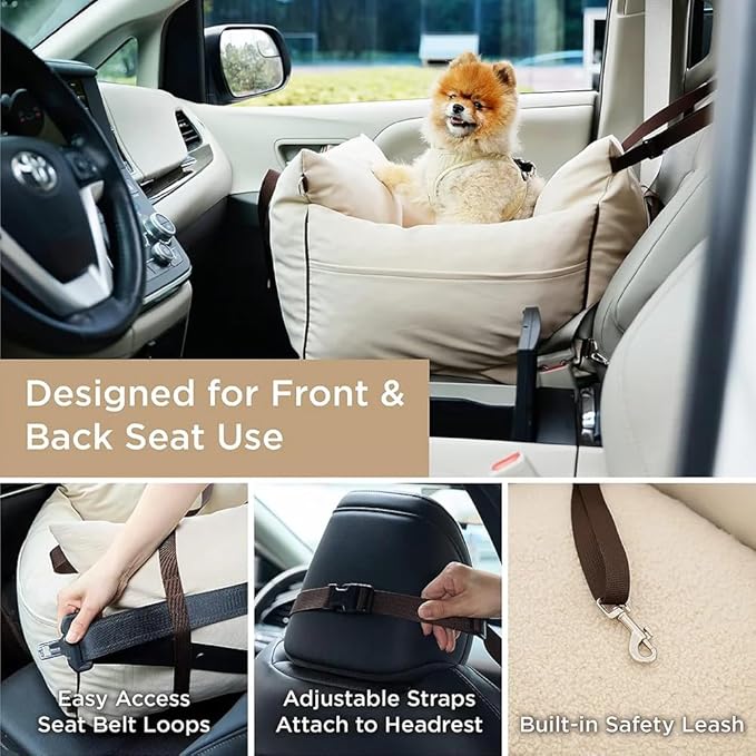 Small Dog Car Seat for Small Dogs - Waterproof Dog Booster Seat for Car with Storage Pockets, Clip-On Safety Leash and Thickened Memory Foam Filling, Pet Travel Carrier Bed Up to 25lbs