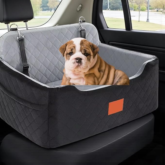 Quilted Pet Car Seat Booster, (Black and Tan) Washable Dog Car Seat with Safety Leash, Elevated Travel Carrier for Small to Medium Dogs