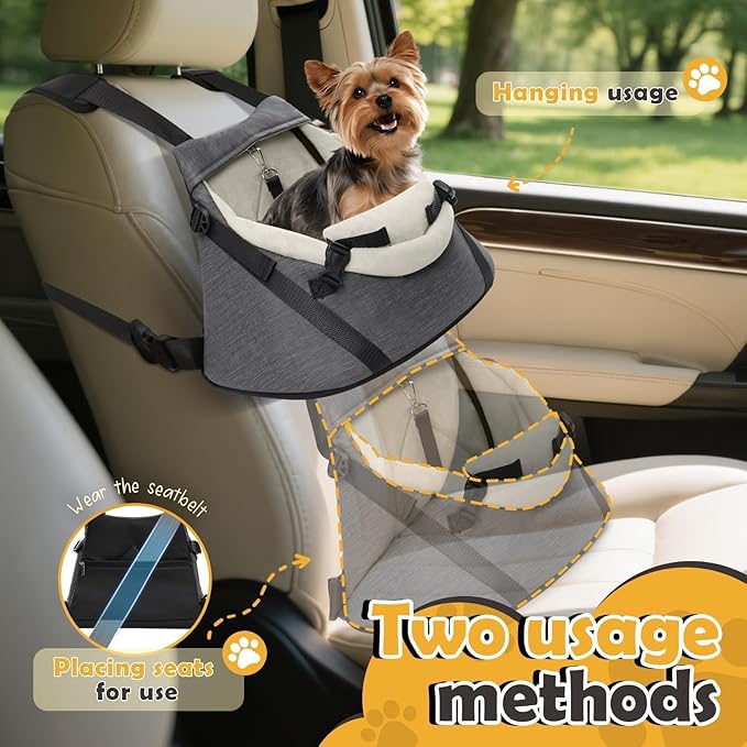 WOYYHO 1-7 lbs Tiny Dog Car Seat for Teacup Yorkie Luxury PU Leather Dog Booster Seat for Small Animals Cats Bunny Lizard Guinea Pigs with Safety Belt, Soft Flannel Lining, Adjustable Height