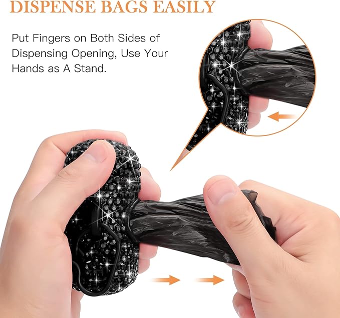 SAVORI Dog Poop Bag Holder Bling Crystal Dog Waste Bags Dispenser for Pet Dog Doggy with Carabiner Clip Includes 1 Roll 15 Bags (Black)
