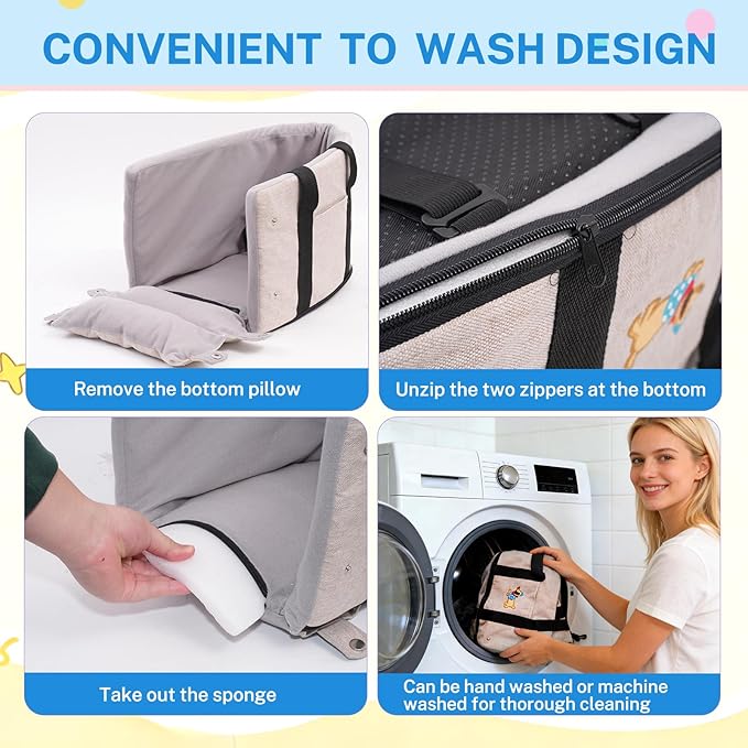 Cozy Center Console Dog Car Seat for Small Dogs - Portable Pet Car Seat with Safety Belt, Soft Cushion & Cooling Mat & Non-Slip Base, Perfect for Pets Under 11 lbs (Beige with Dachshund Pattern)