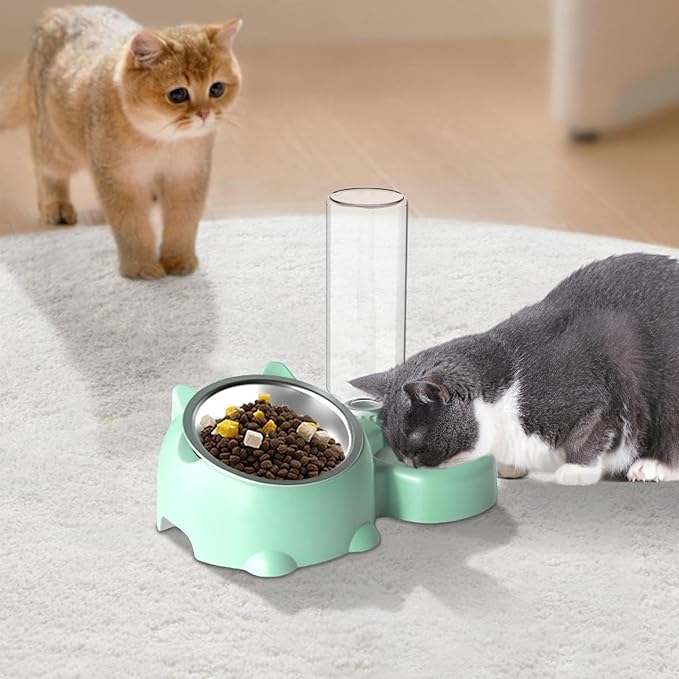 Cat Food and Water Bowl Set, Automatic Dog Dish Bowl with Water Dispenser, Removable Drinking and Eating Bowls, No-Spill Pet Feeder for Puppy, Medium Dogs & Cats (Green)