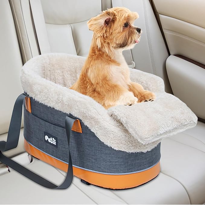 Linen & Velvet Console Dog Car Seat - Anti-Slip Base with Pockets for Poop Bags, Fits Small Dogs Under 5kg