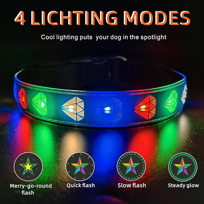 LED Dog Collar with Diamond Pattern, 15 Light Modes, with Bonus Pet ID Tag and Bell (BLUE Pro, XL(19.7-23.6"))