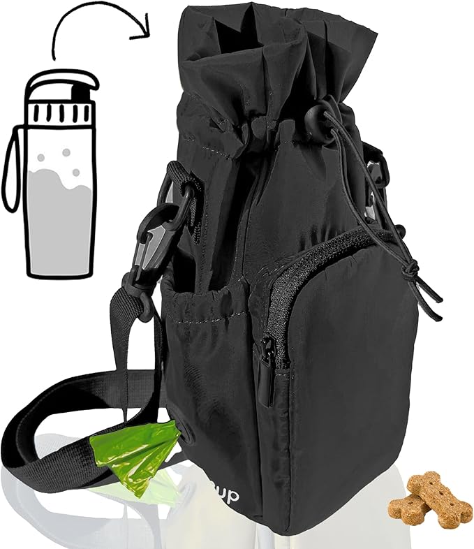 RibbyPup Waterproof Dog Walking Bag with Universal Water Bottle Holder, Built-In Poop Bag Dispenser, Unisex Cross-Body Treat Pouch (Black)