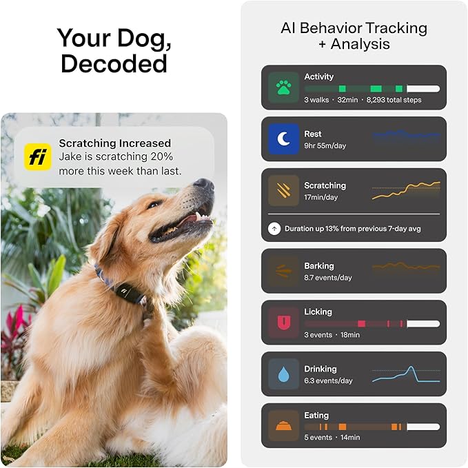 New Fi Series 3+ Smart Dog Tracker Collar [12 Month Membership Included] GPS Tracker for Dogs with Health & Behavior Monitoring, Escape Alerts, Waterproof, LED, Apple Watch Compatible (Yellow, Large)