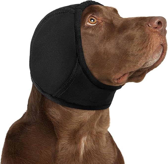 KOESON Dog Calming Hoodie - No Shake Ear Wraps for Dogs, Anxiety Relief & Noise Protection, Water Resistant Pet Ear Cover Muffs for Firework, Grooming, Thunderstorms, Swimming, Bathing, Black L