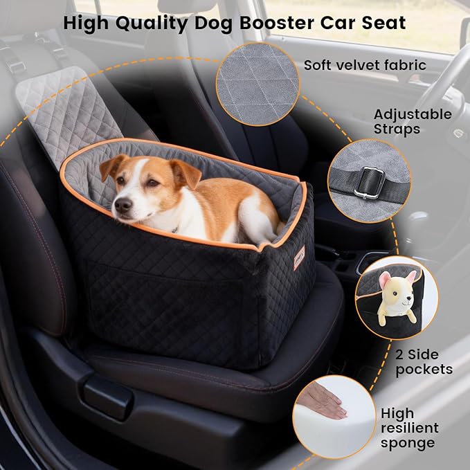 Babyboat Dog Car Seat for Small & Medium Pet Adjustable Height Dog Booster Car Seat with 2 Cushion Up to 30lbs Pet Detachable Travel Pet Bed with Remove Cover, Storage Pockets - Black