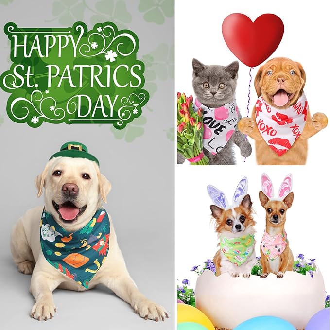 Kigeli 120 Pcs Holiday Dog Bandanas Bulk Valentine's Day Bandana for Dogs St. Patrick's Day Easter Holiday Puppy Scarf Set Triangle Pet Bibs for Small Medium Large Puppy Cats（25.6 x 17.7 x 17.7 in
