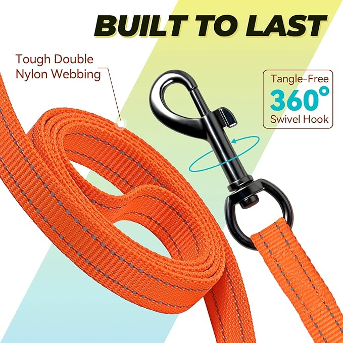 VIVAGLORY Twingrip Dog Leash, Double Handle Dog Leash for Training & Walking with Traffic Handle & 2 Loop, Traffic Control Reflective Heavy Duty for Puppy Pet, 6ft x 1/2in, Orange