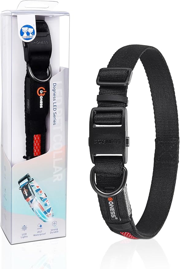 Dogness LED Dog Collar, Light Up Dog Collar for Night Walking, USB Rechargeable Glow in The Dark Dog Collars for Safety Camping (Medium - Black)