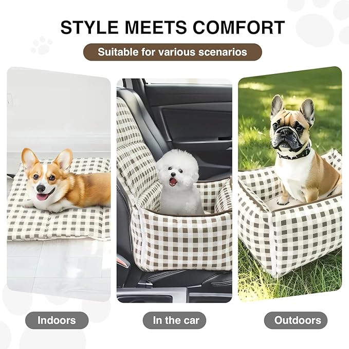 Pet Car Booster Seat for Small Dogs & Cats up to 25 lbs – Plaid Travel Seat with Safety Leash, Adjustable Straps, Non-Slip Base, 2-in-1 Convertible Bed, Detachable & Washable (Brown Plaid)