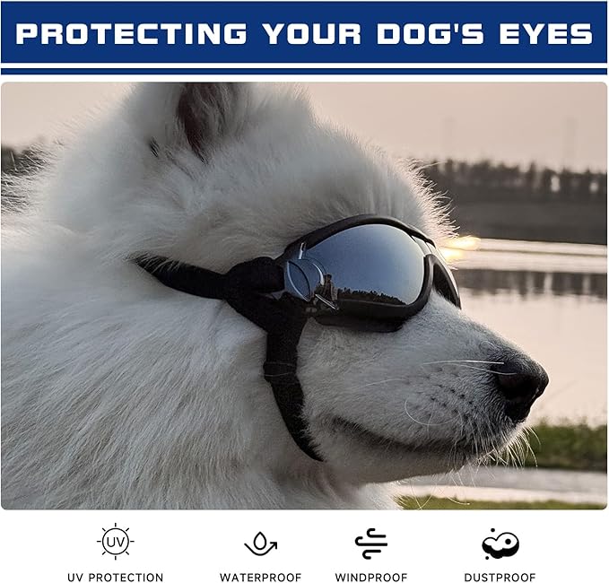 Dog Goggles UV400 Protection, Ski Goggles for Medium to Large Breeds with Adjustable Strap, Dog Sunglasses with Wide Snout & Soft PVC Frame - UV-Resistant/Snowproof for Ski,Cycling (Black)