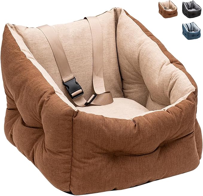 ETIAL Dog Booster Car Seat Medium Sized Dog, Anti-Slip Dog Travel Carrier Bed with Chunky seat and Clip-on Dog Safety Leash, Detachable Washable, Warm Soft Elevated Pet Car Seat Under 30lbs (Brown)