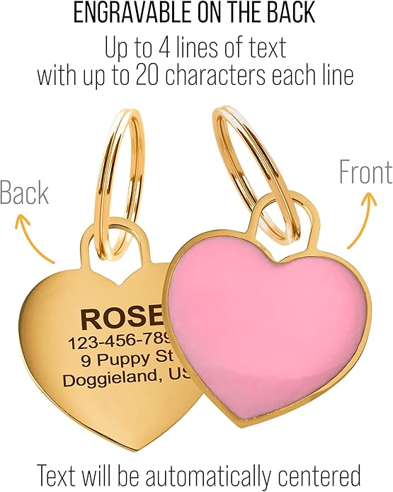 Custom Heart Shape Pet Tag ID, Personalized Gold Stainless Steel Cute Shiny Safety Lost Collar Tag for Boy & Girl Dogs Puppies Cats with Ring Laser Engraved SOS Customizable with Name, Phone, Address