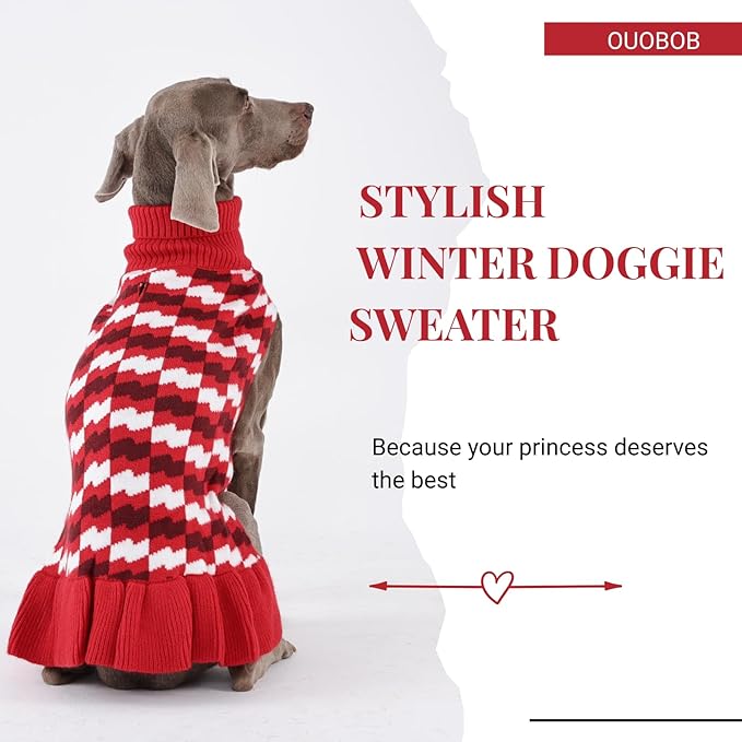 Dog Sweaters for Large Dogs Girl, Dog Sweater Dress with Leash Hole, Thick Turtleneck Knitwear for Female Dogs, Warm Fall Winter Dress for Cold Weather, Thanksgiving, Christmas - Red XL