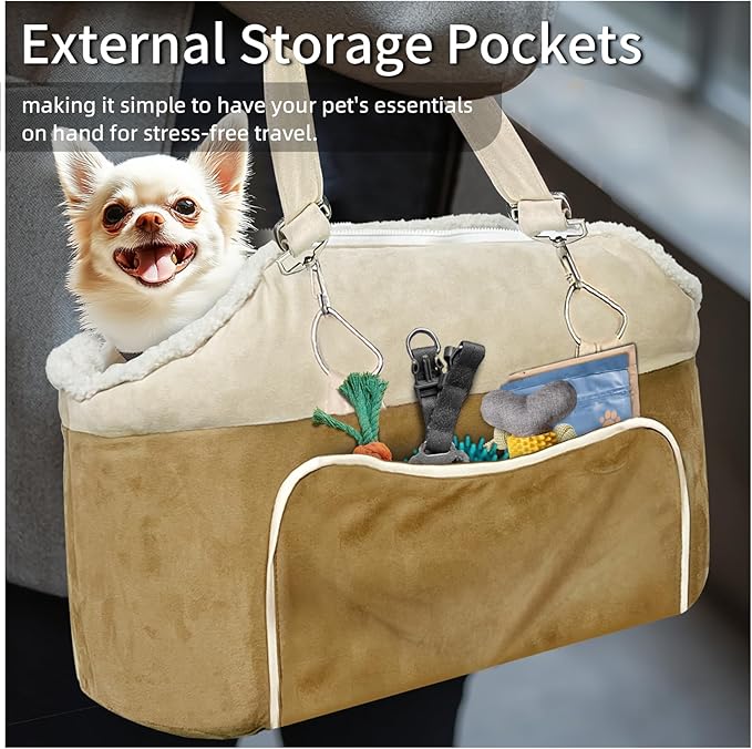 Console Dog Car Seat for Small Dogs – Portable Booster Seat with Safety Belt, Non-Slip Base, and Storage Pockets, Fits Dogs Up to 11lbs (Brown Frosted Velvet, Small)