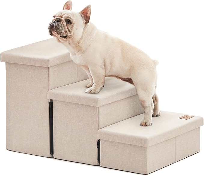 Love's cabin Dog Stairs for High Bed 18" H,Foldable Pet Stairs for Small Medium or Large Dogs Puppy with Storage for Bed or Couch, Cat Dog Steps Ramp with Zip up to 200 lbs(Beige,3 Steps no Condo)
