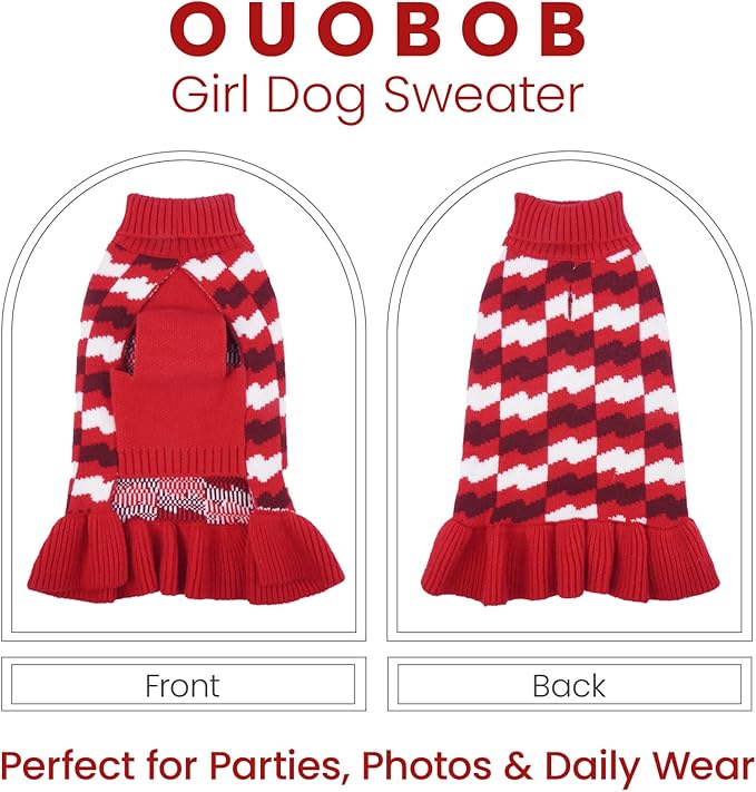 Dog Sweaters for Large Dogs Girl, Dog Sweater Dress with Leash Hole, Thick Turtleneck Knitwear for Female Dogs, Warm Fall Winter Dress for Cold Weather, Thanksgiving, Christmas - Red XL