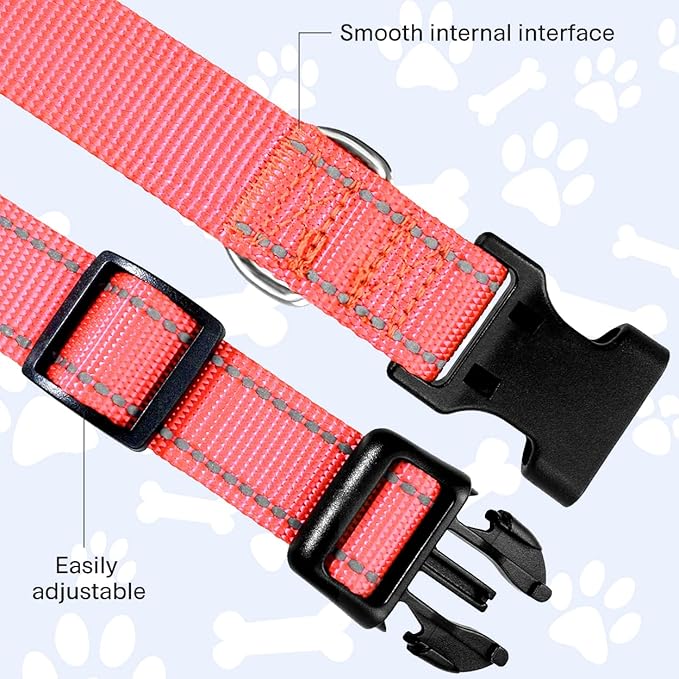 FunTags Reflective Dog Collar, Sturdy Nylon Collars for Puppy and Extra Small Girl and Boy Dogs, Adjustable Dog Collar with Quick Release Buckle,Neon Pink,3/8" Width
