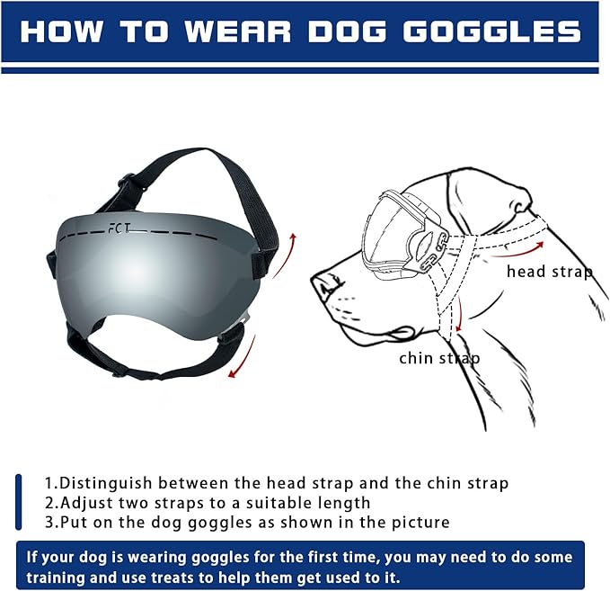 Dog Goggles UV400 Protection,Ski Goggles for Large Breeds with Adjustable Strap, Dog Sunglasses with Comfort-Focused Frameless Design - UV-Resistant/Windproof/Snowproof for Running,Cycling (Sliver)