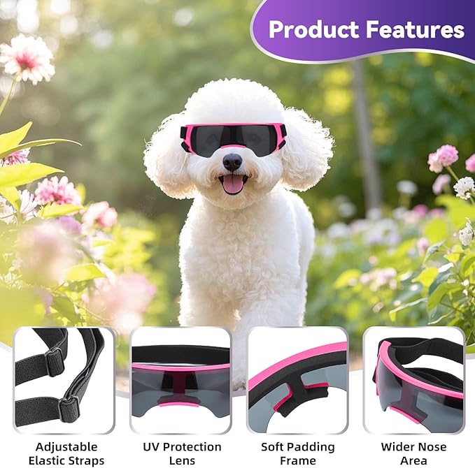 PETLESO Small Dog Goggles, Anti-UV Dog Sunglasses for Outdoor Driving Cycling Riding Hiking, Windproof Dustproof Snowproof Eye Protection, Pet Eye Wear with Adjustable Strap, Pink