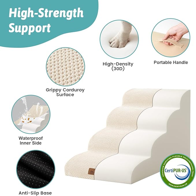 Dog Stairs for Small Dogs 15.7" H, 4-Step Sturdy Foam Dog Steps for Couch or Sofa, Curved Pet Stairs for Puppy and Older Cat, Doggie Ladder with Washable Cover, 15.7x28.3x15.7 inch, Beige