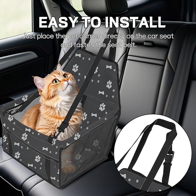 Wuyaoyao Pet Car Seat, Waterproof Breathable Oxford Cat Dog Car Booster Seat for Small Pets, Foldable Portable Vehicle Puppy Travel Basket with Seatbelt & Support Rod, for Pet Up to 22 lbs (Dark Gray)