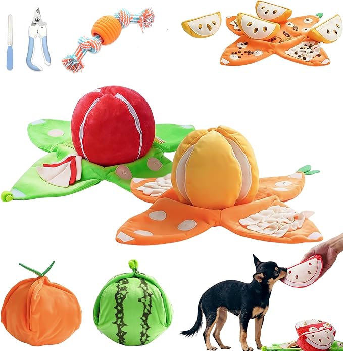 Orange Hide and Seek Plush Dog Toy, Interactive Squeaky Puzzle Toy with Hidden Pockets & Crinkle Paper, Watermelon Snuffle Mat for Small Medium Dogs Boredom Nosework (Orange Watermelon)