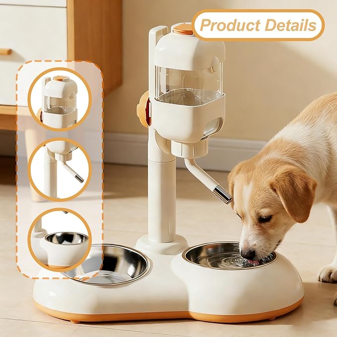 Pet Standing Water Dispenser Dog Bowl 2 in 1 Adjustable Height Pet Feeder Waterer with Two Steel Bowl for Ferrets Kittens Cat, White