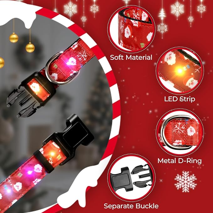 Christmas Light Up Dog Collar, LED Dog Collar Glow in The Dark - USBC Rechargeable, 3 Flashing Modes, Fashionable Cute Glowing Dog Light Up Collars for Medium Large Dogs, Santas M