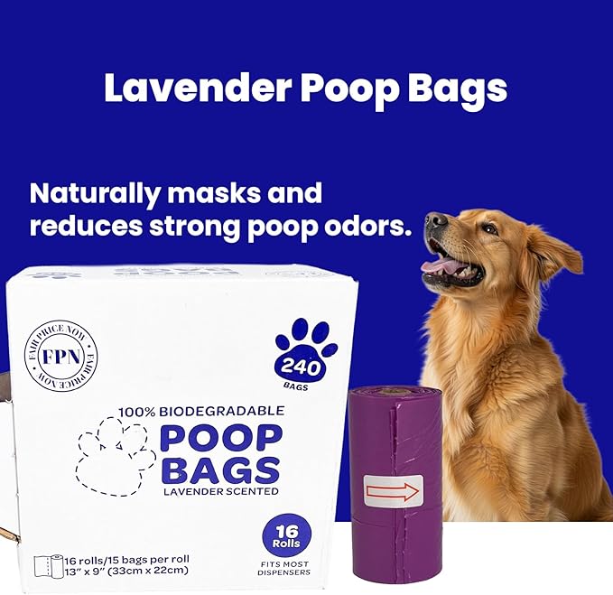 FPN Dog Poop Bags – 16 Rolls - 240 Bags, 13″ x 9″, Fits Most Dispensers – Biodegradable, Leak-Resistant & Earth-Friendly Pet Waste Bags (Lavender)