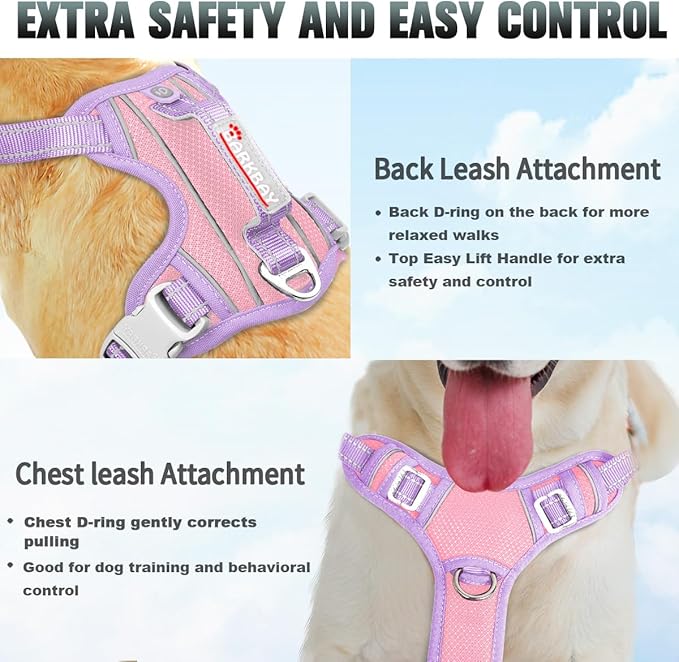 BARKBAY No Pull Dog Harness Large Reflective Dog Harness with Front Clip and Easy Control Handle for Walking Training Running with ID tag Pocket(Baby Pink & Violet Purple,XL)