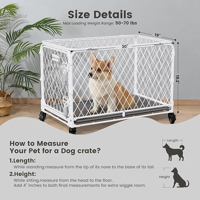 Gardner Pet 30 Inch Collapsible Diamond Mesh Dog Kennel, No Assembly Metal Dog Crate with 4 Lockable Wheels,Removable Tray,Portable Dog cage for Small/Medium Dogs(50-70 lbs) Indoor Outdoor Use
