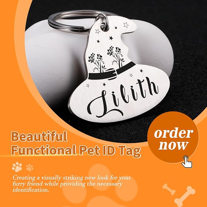 Personalized Halloween Cat Collar Tag – Goth Ghost Bat Pet ID Tags for Dogs & Cats, Spooky Accessories, Boo Basket Stuffers, Summon My Mom Dad, Cute Fall Gifts for Pets (Magic Hat-Shaped ID Tag)