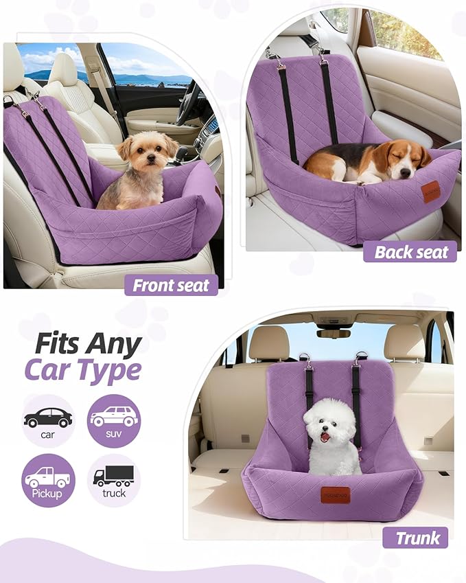 Dog Car Seat for Small Dogs Up to 25lbs,Soft Washable Fabric Fill in Memory Foam,Easy to Assemble with 2 Clip-On Safety Leashes and Storage Pockets,Front or Back Seat are Both OK(Purple)