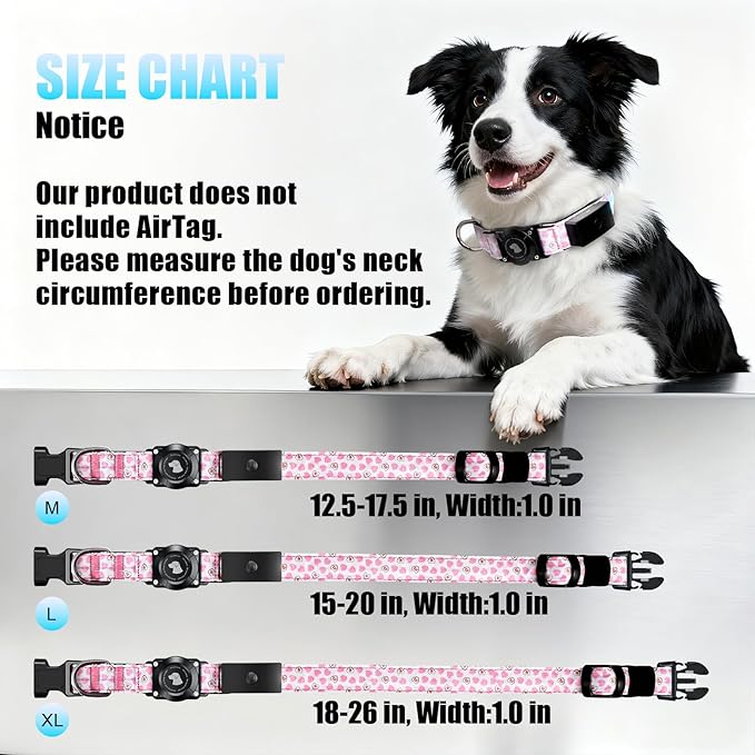 LED AirTag Dog Collar - Brightest Light Up Dog Collars - IP68 Waterproof Air Tag Dog Collar Holder - 1,600 Feet of High Visibility - Magnetic Charging - Dog Lights for Night Walking (Heart, M)