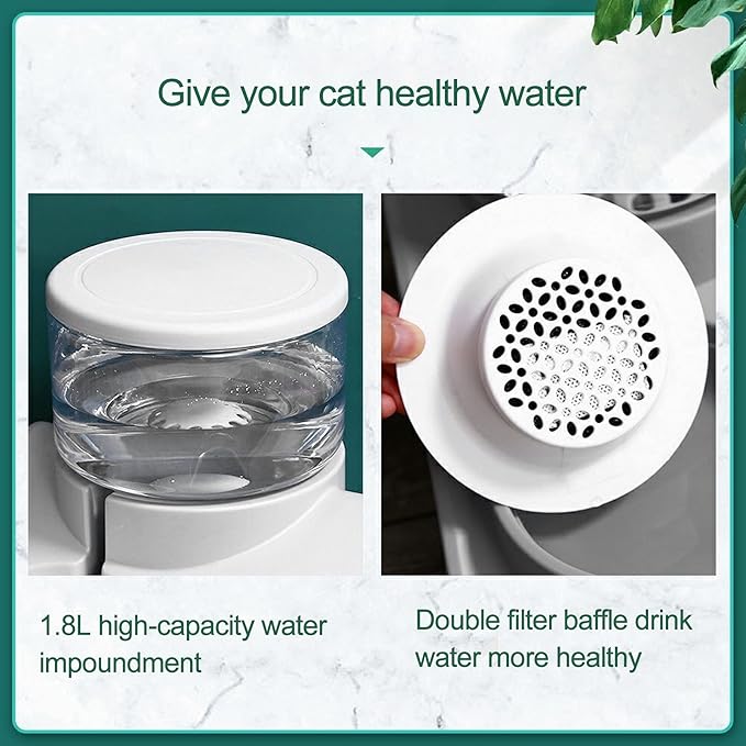 2-in-1 Double Dog Cat Bowls, Pet Water and Food Bowl Set, 1.8L Automatic Water Dispenser Detachable Bowl No-Spill Dog Waterer, Pet Feeder Auto Pets Waterer for Cat and Small Dog (Grey)