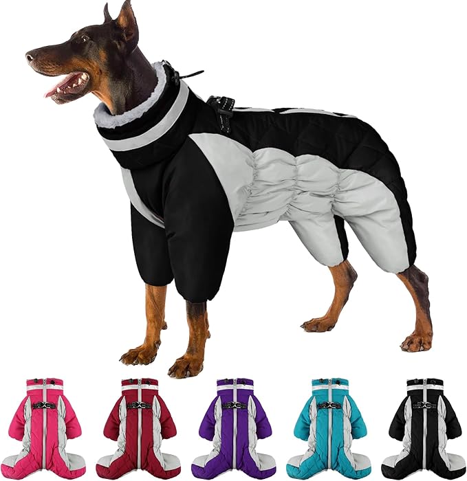 SUNFURA Full Body Dog Coat - Warm Fleece Jacket for Large Dogs, Turtleneck Winter Coats with Harness, Reflective Dog Snowsuit Windproof Puffer Jackets with Legs for French Bulldog, Black L