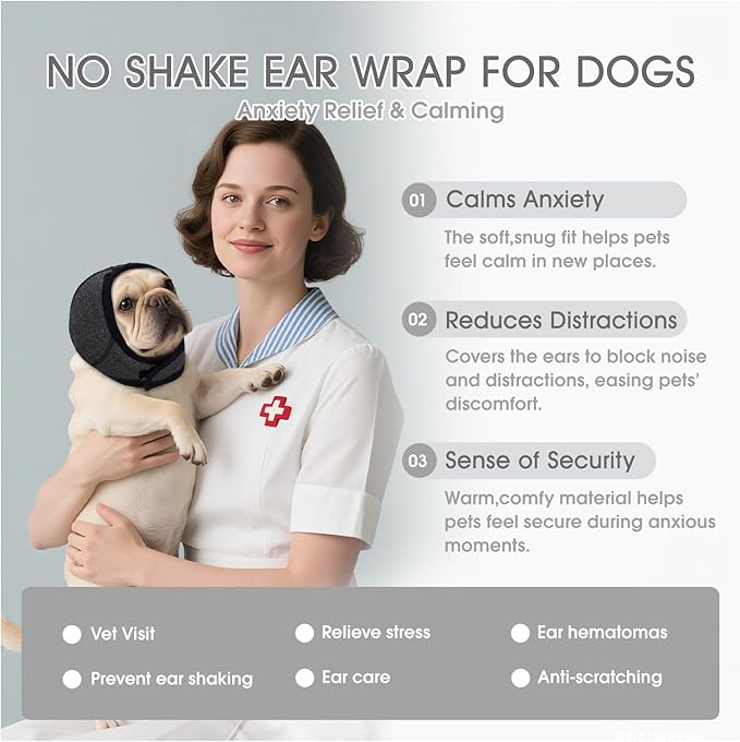Calming Hoodie Dog Ear Covers,No Shake Hematomas Ear Wraps for Dogs,Adjustable Anxiety Relief Head Wrap Muffs Noise Cancelling Protector for Fireworks/Grooming/Bathing/Swim,Grey,L