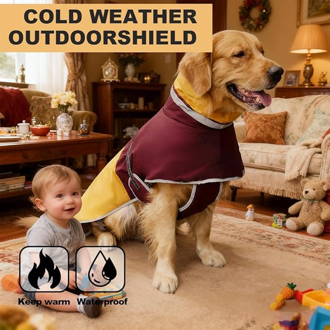 Waterproof Dog Winter Coat, Reflective Turtleneck Fleece Jacket with Snow Protection for Large Dogs, Cold Weather Pet Clothing (Yellow, 5XL)